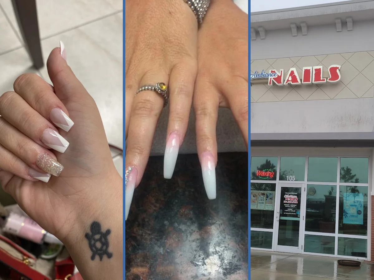 Bright salon interior with manicure stations.